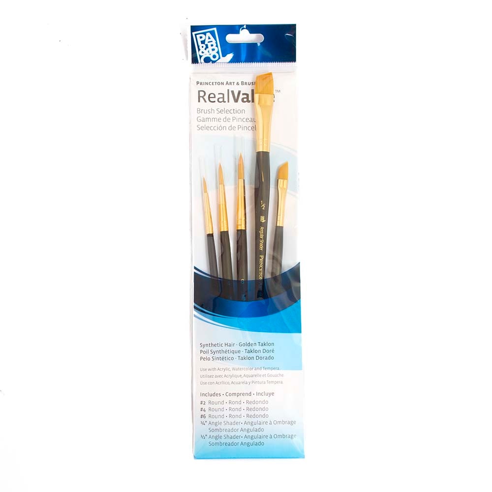 Princeton, Brushes, Art & School, Real Value, Brush Pack, Gold Taklon, Round Angle, 5 Piece, 400967